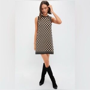 Camila Coelho Geo Print Checkered Knit Sleeveless Dress in Tan & Black Sz XS